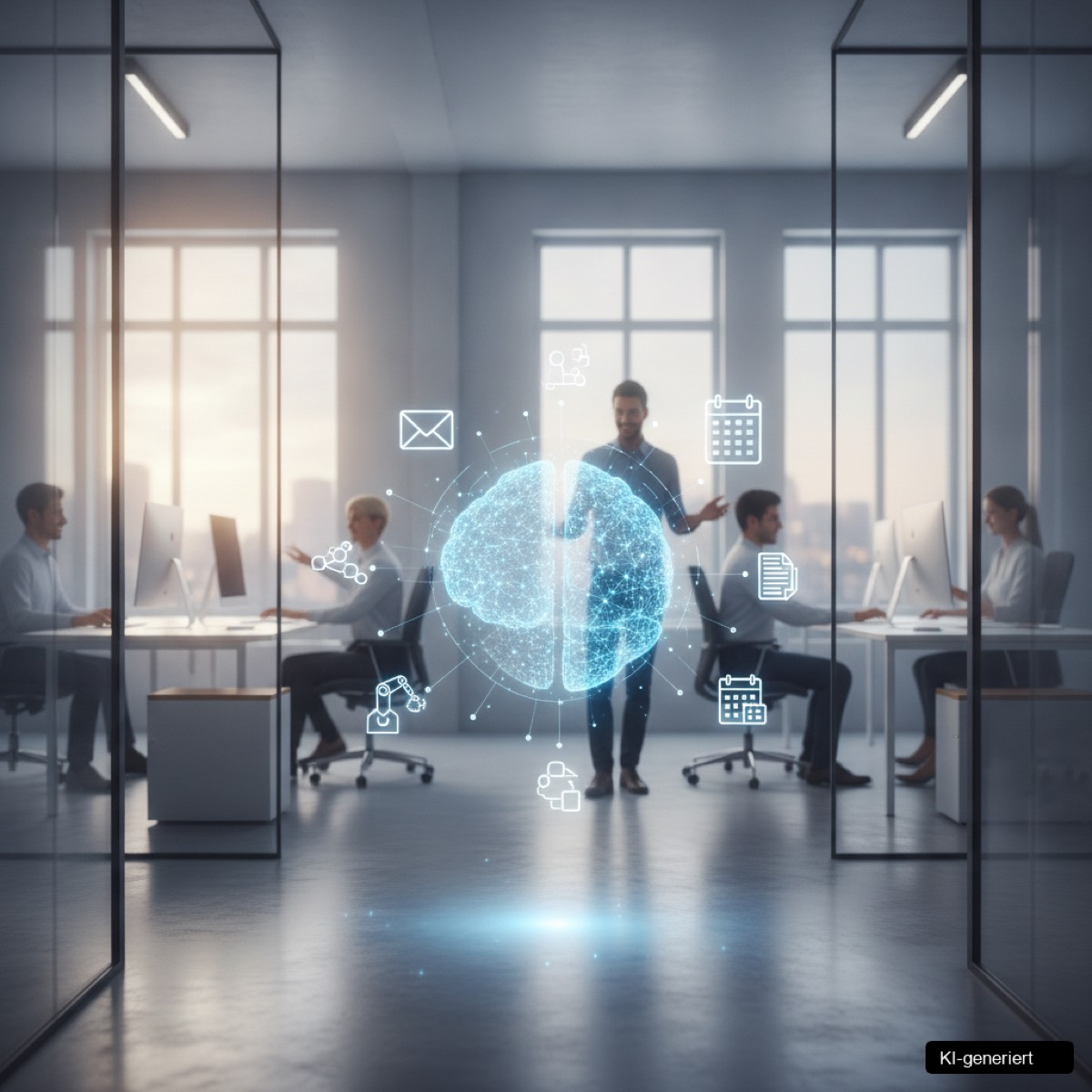 Ein Roboterarm sortiert Dokumente in einem modernen Büro, symbolisierend den Agentic AI Büroalltag und die KI Automatisierung kleiner Aufgaben.