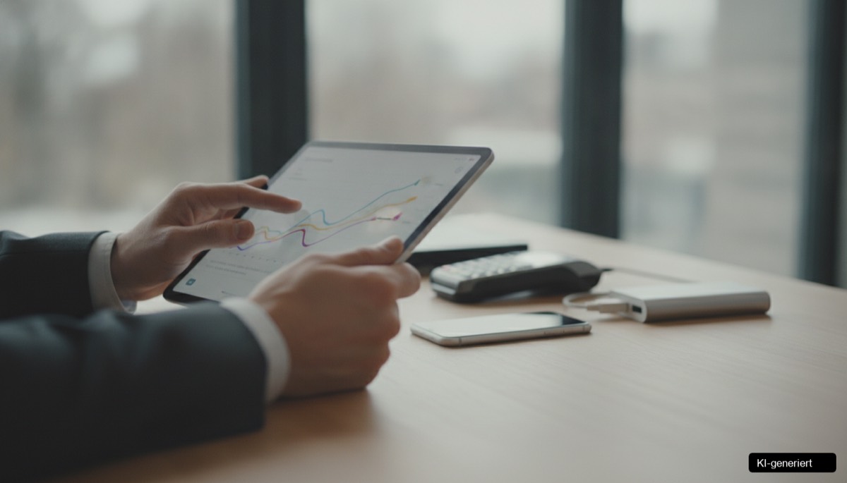 Ein Unternehmer, der seinen Cashflow digital mit einem Tablet und Finanzübersicht Tools in Österreich verwaltet.