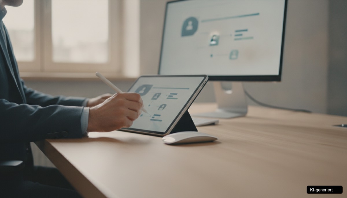 Grafik zeigt digitale Helfer rechnen, mit Zahnrädern und Diagrammen für Effizienz im Arbeitsalltag.