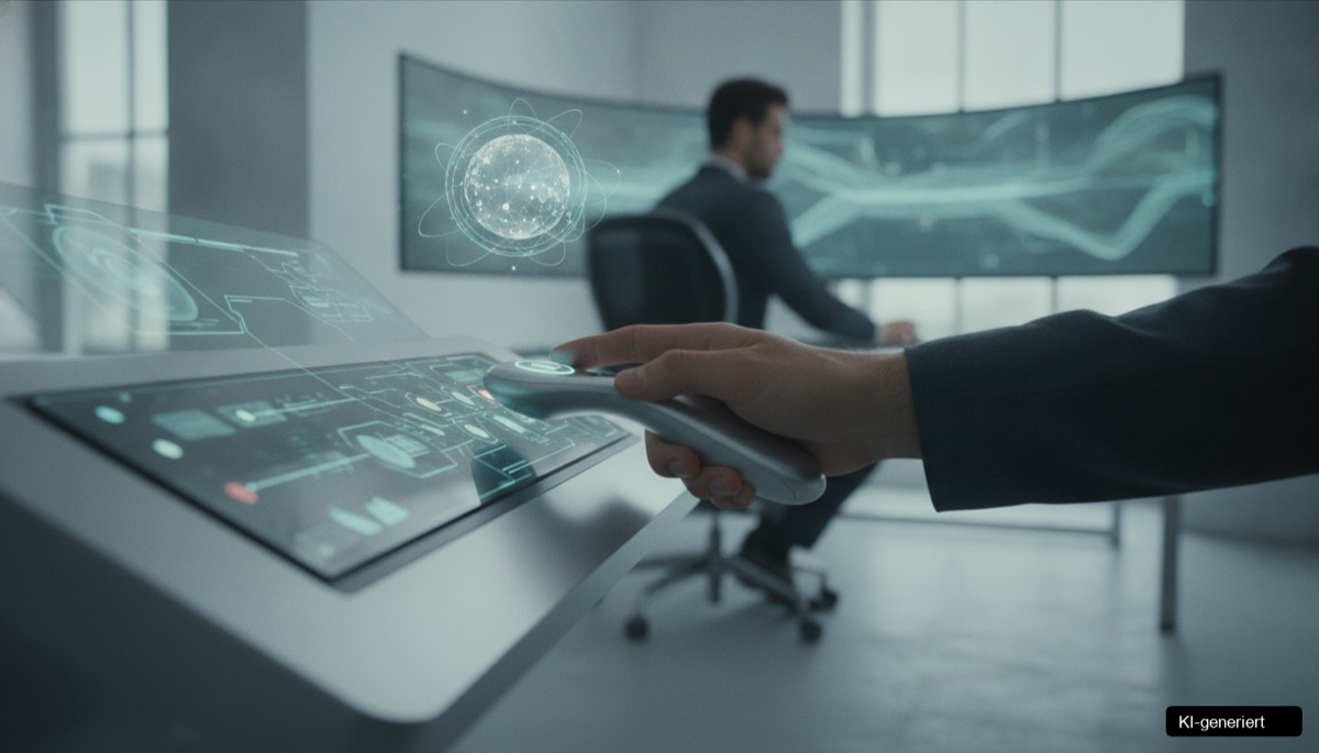 Ein KI-Agent bereitet Daten auf und präsentiert sie auf einem Tablet für die menschliche Kontrolle im Betrieb.