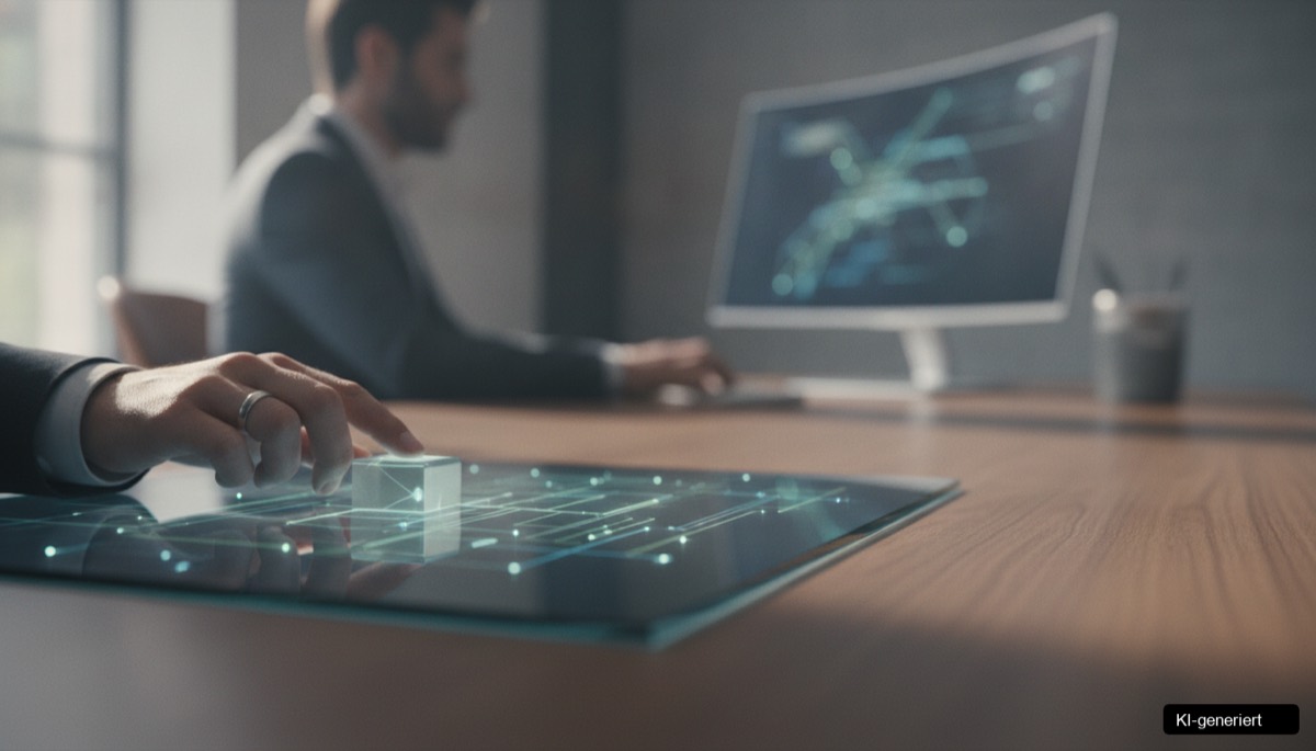 Ein KMU-Mitarbeiter arbeitet effizient mit Open Source Tools Betrieb auf einem Laptop.